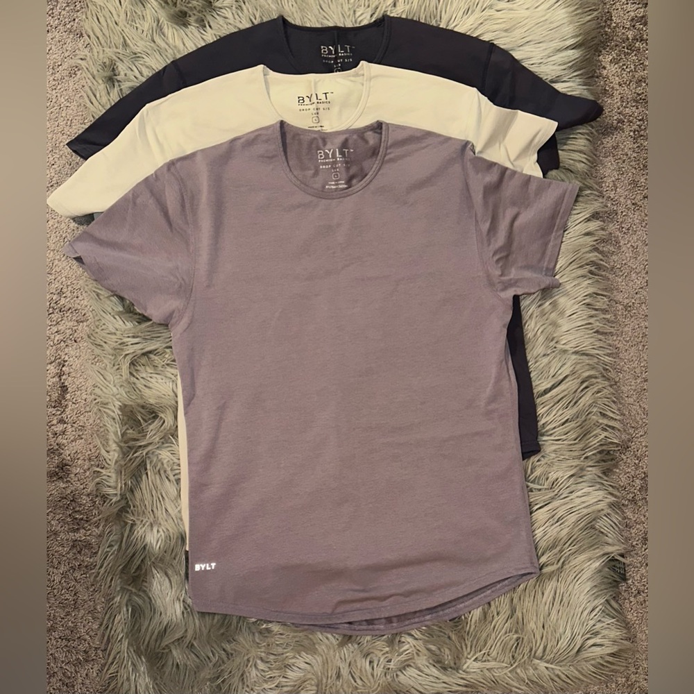 3 Men’s BYLT drop cut shirts Lux collection. 
Size L like NEW!